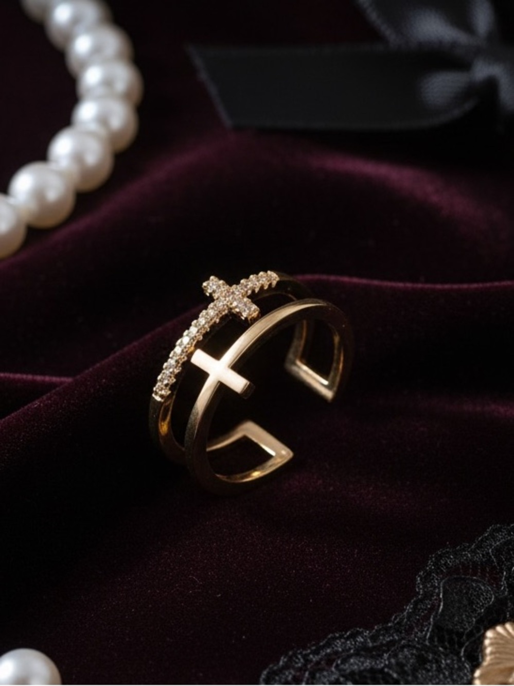 Double Layer Cross Ring Adjustable Minimalist Boho Celestial Religious Dainty